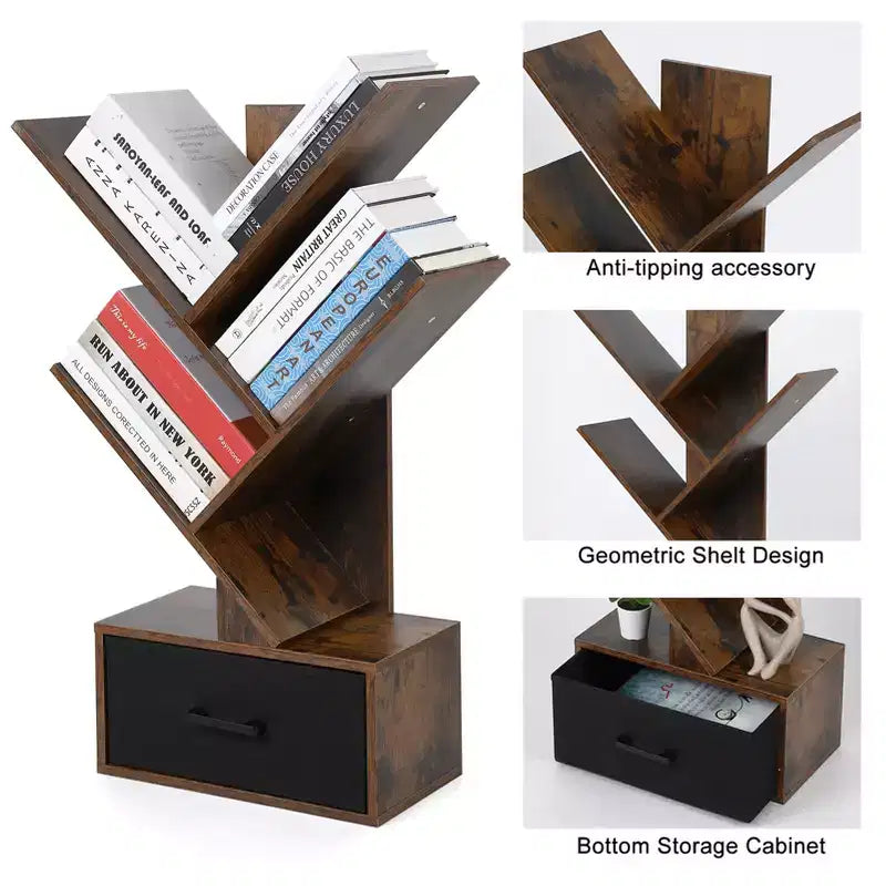 Bibliothèque moderne à 4 étagères, en forme d'arbre, meuble de rangement en bois, pour livres/CD/films, pour bureau à domicile, salon, chambre à coucher