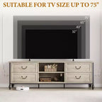 Meuble TV Vintage GustoWave pour téléviseur jusqu'à 75 pouces, meuble de divertissement avec colonnes romaines en métal et 4 tiroirs, gris rustique