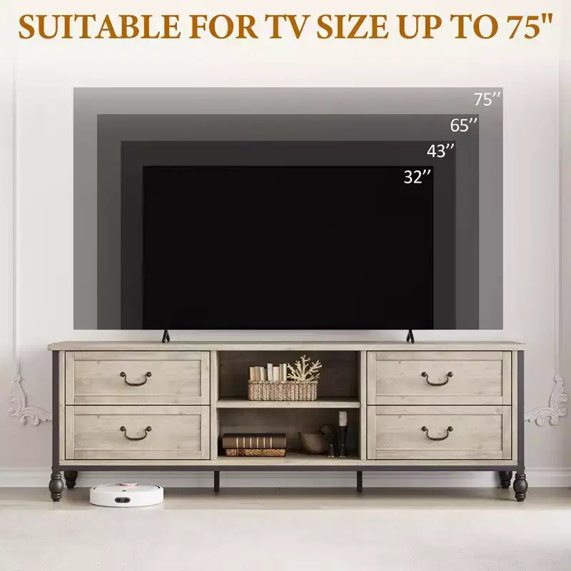 Meuble TV Vintage GustoWave pour téléviseur jusqu'à 75 pouces, meuble de divertissement avec colonnes romaines en métal et 4 tiroirs, gris rustique