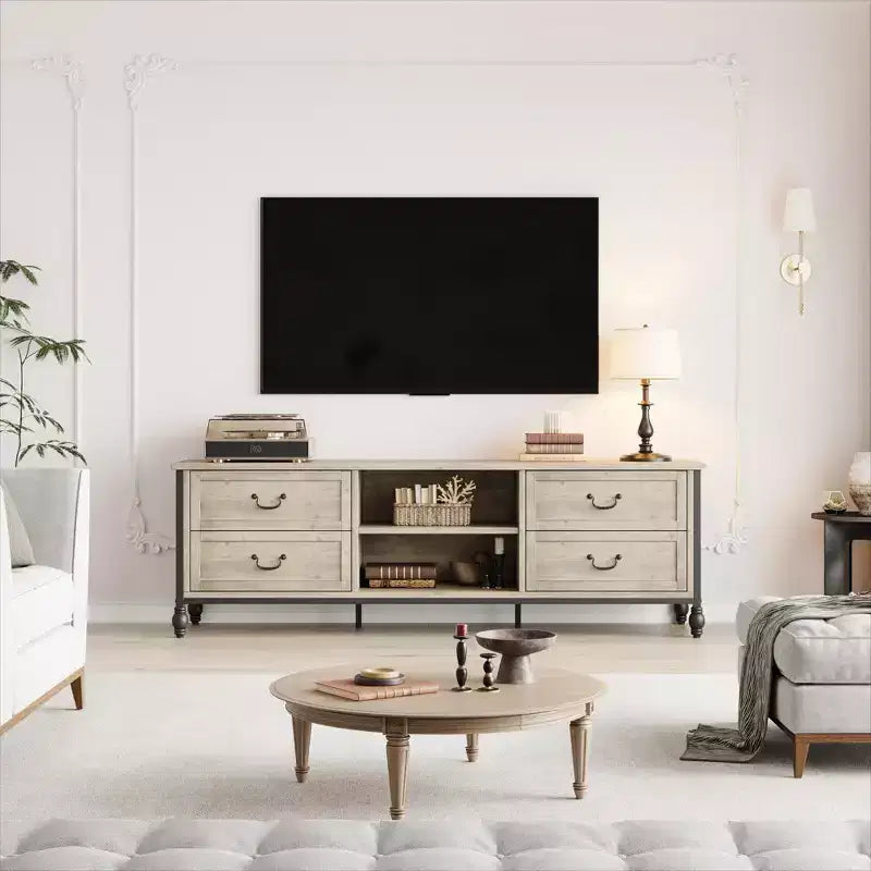 Meuble TV Vintage GustoWave pour téléviseur jusqu'à 75 pouces, meuble de divertissement avec colonnes romaines en métal et 4 tiroirs, gris rustique