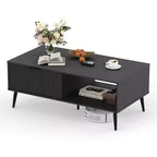 Table basse, table basse en bois avec meuble de rangement, conception à deux niveaux, portes coulissantes de style ondulé, moderne pour ferme, salon, bureau, salle de détente