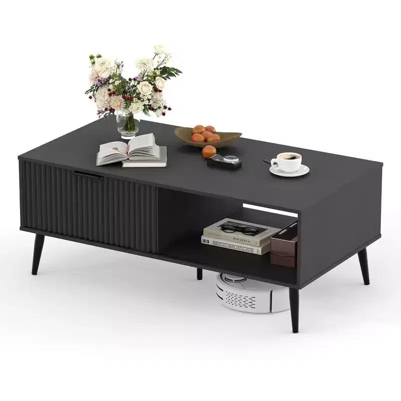 Table basse, table basse en bois avec meuble de rangement, conception à deux niveaux, portes coulissantes de style ondulé, moderne pour ferme, salon, bureau, salle de détente