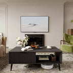 Table basse, table basse en bois avec meuble de rangement, conception à deux niveaux, portes coulissantes de style ondulé, moderne pour ferme, salon, bureau, salle de détente
