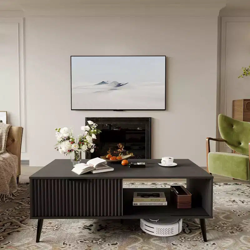 Table basse, table basse en bois avec meuble de rangement, conception à deux niveaux, portes coulissantes de style ondulé, moderne pour ferme, salon, bureau, salle de détente