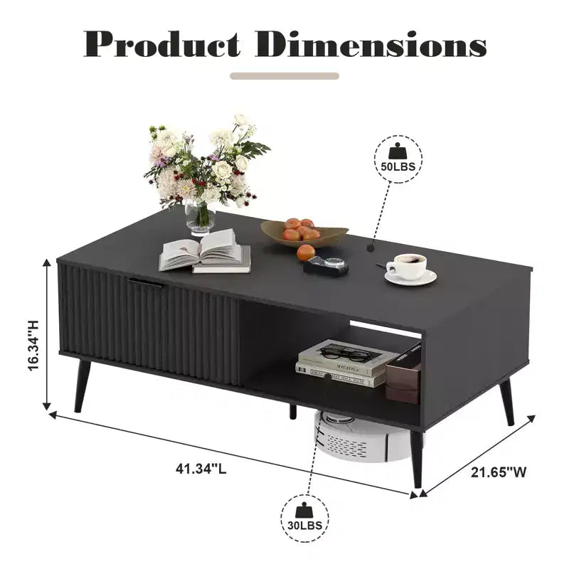 Table basse, table basse en bois avec meuble de rangement, conception à deux niveaux, portes coulissantes de style ondulé, moderne pour ferme, salon, bureau, salle de détente