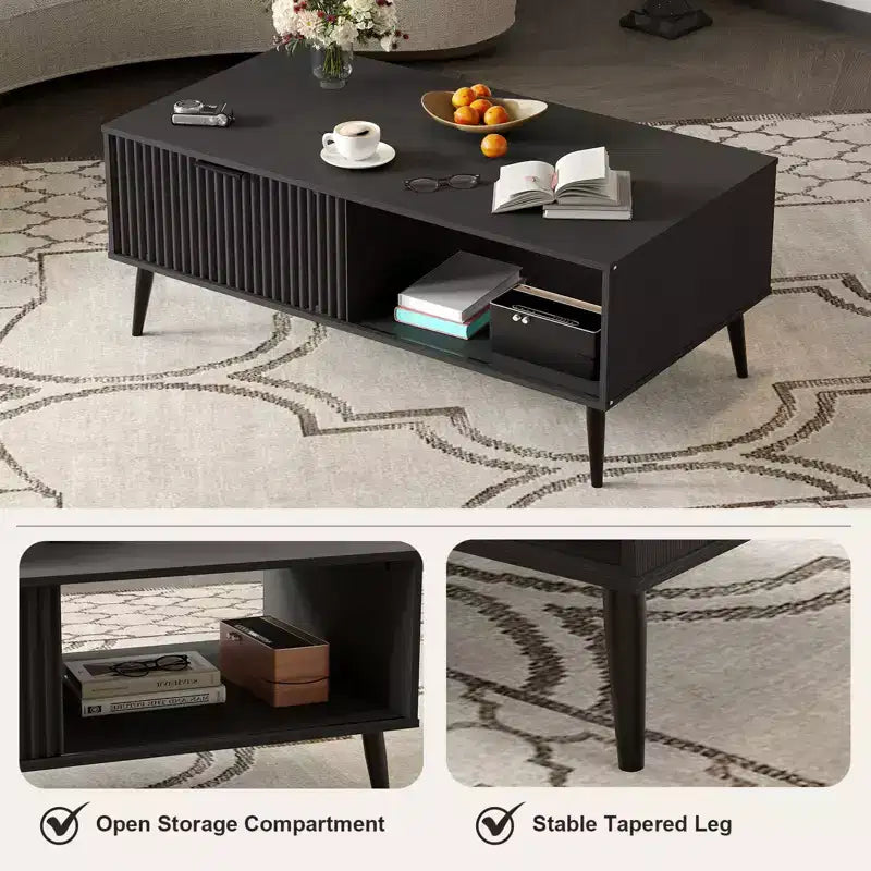 Table basse, table basse en bois avec meuble de rangement, conception à deux niveaux, portes coulissantes de style ondulé, moderne pour ferme, salon, bureau, salle de détente