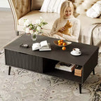 Table basse, table basse en bois avec meuble de rangement, conception à deux niveaux, portes coulissantes de style ondulé, moderne pour ferme, salon, bureau, salle de détente
