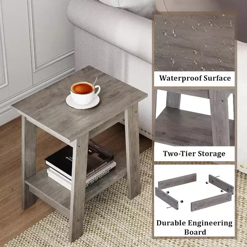 Table d'appoint rustique avec étagère de rangement, Table d'appoint à 2 niveaux, Table de chevet étroite, Table basse minimaliste pour salon, chambre à coucher