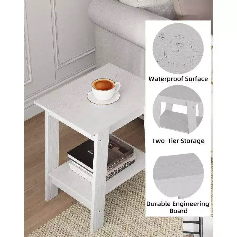 Table d'appoint rustique avec étagère de rangement, Table d'appoint à 2 niveaux, Table de chevet étroite, Table basse minimaliste pour salon, chambre à coucher