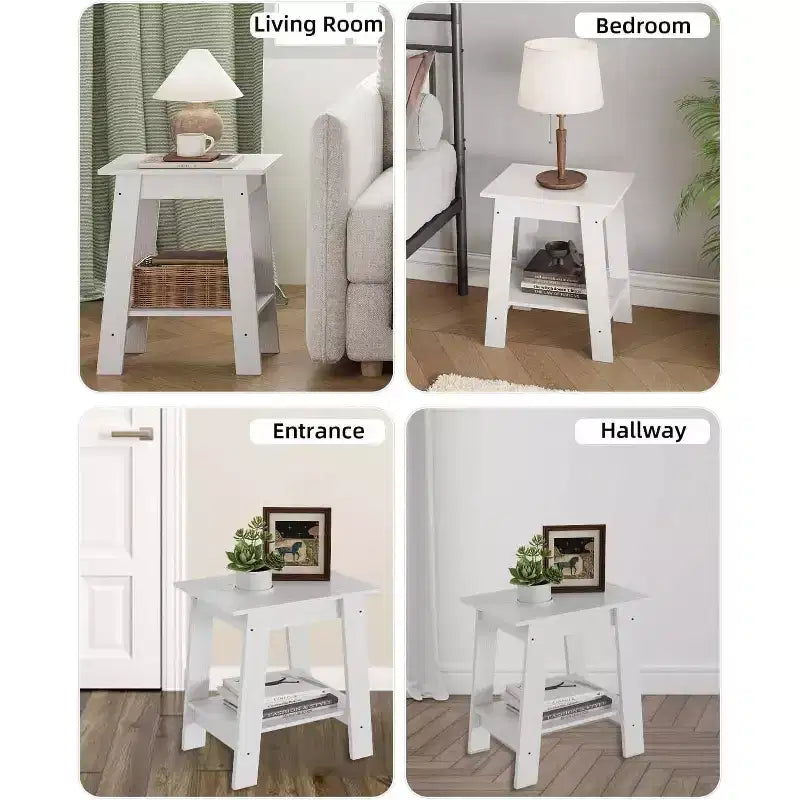Table d'appoint rustique avec étagère de rangement, Table d'appoint à 2 niveaux, Table de chevet étroite, Table basse minimaliste pour salon, chambre à coucher