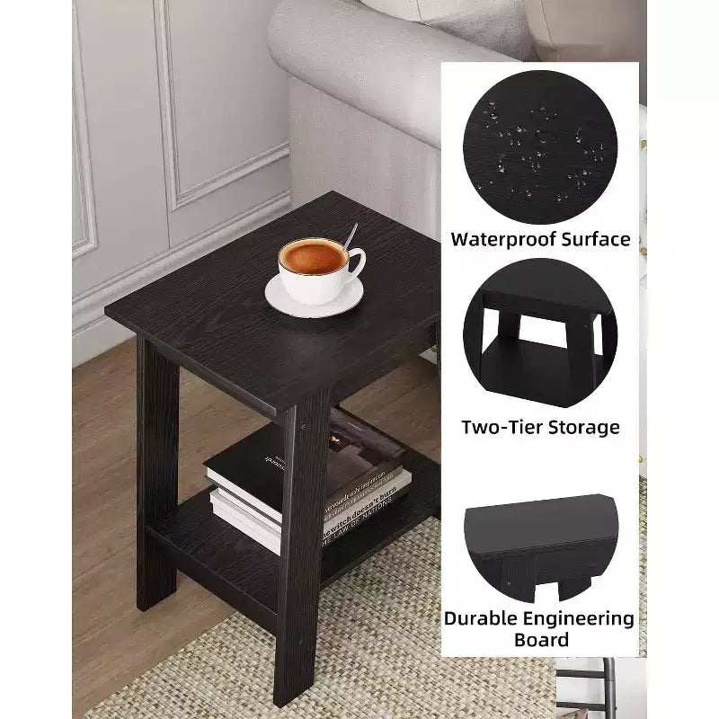 Table d'appoint rustique avec étagère de rangement, Table d'appoint à 2 niveaux, Table de chevet étroite, Table basse minimaliste pour salon, chambre à coucher