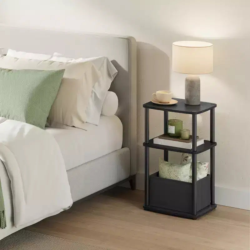 3-Tier End Table with Fabric Basket, Steel Frame Nightstand, Toolless Assembly Storage Side Table for Bedroom, Living Room, Modern Design