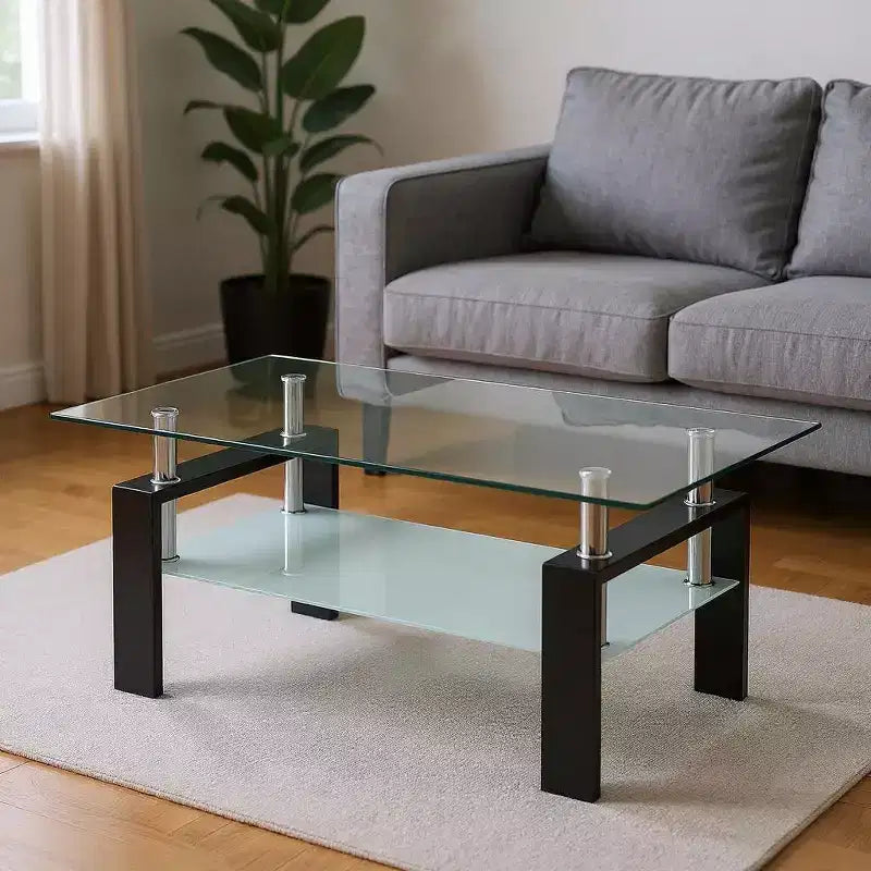Table basse HomeRoots 39 avec étagère en verre transparent, verre noir et acier