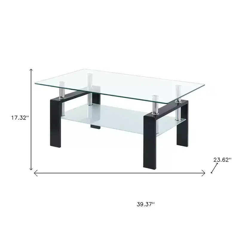 Table basse HomeRoots 39 avec étagère en verre transparent, verre noir et acier