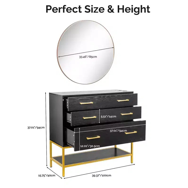 Meuble de rangement pour salon de coiffure Karl avec miroir, 3 tiroirs et 1 étagère ouverte