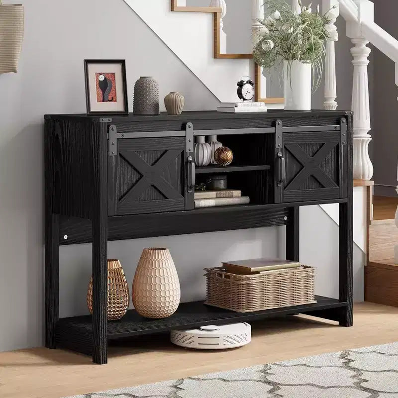 Table console d'entrée RoyalCraft de style rustique avec étagères de rangement, porte coulissante façon grange et plateau spacieux pour salon ou hall d'entrée, Noir