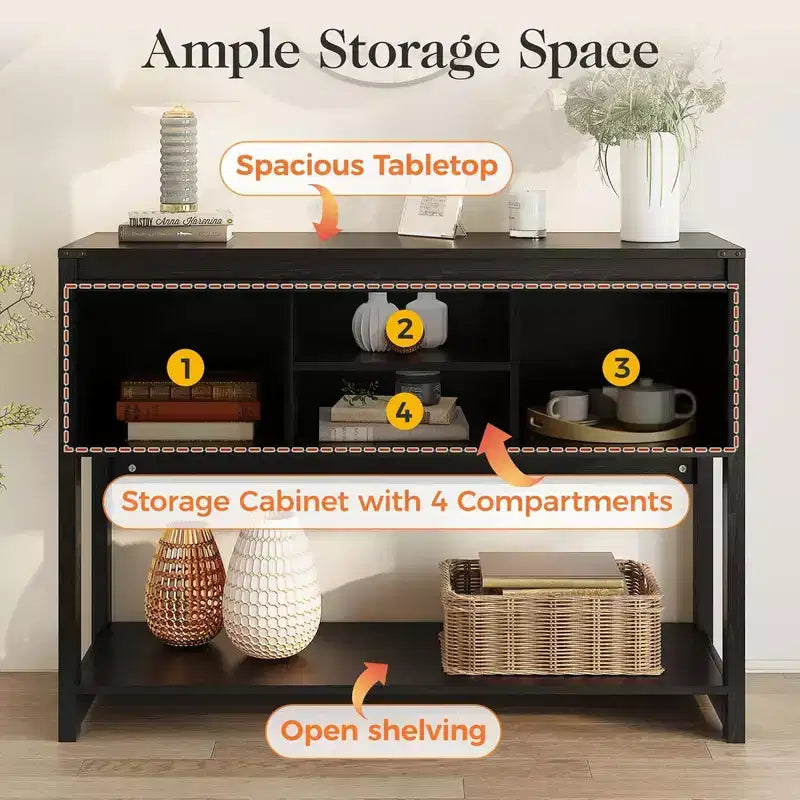 Table console d'entrée RoyalCraft de style rustique avec étagères de rangement, porte coulissante façon grange et plateau spacieux pour salon ou hall d'entrée, Noir