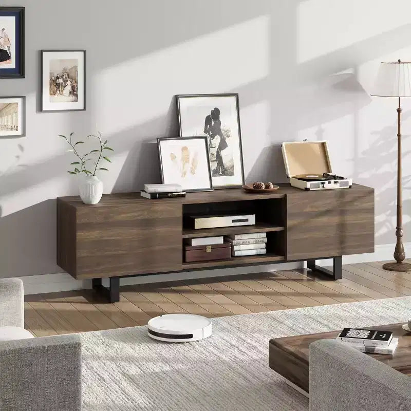 Meuble TV industriel pour 80 pouces, meuble de divertissement moderne avec 2 tiroirs, avec pieds robustes et rangement ouvert, pour salon
