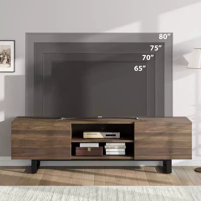 Meuble TV industriel pour 80 pouces, meuble de divertissement moderne avec 2 tiroirs, avec pieds robustes et rangement ouvert, pour salon