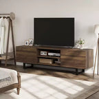 Meuble TV industriel pour 80 pouces, meuble de divertissement moderne avec 2 tiroirs, avec pieds robustes et rangement ouvert, pour salon