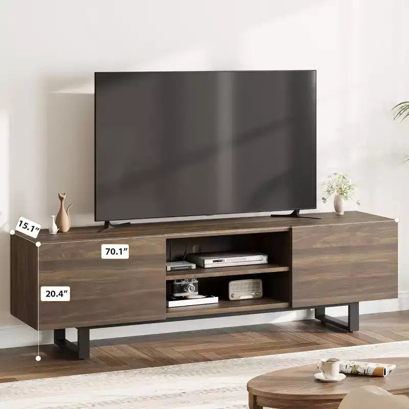 Meuble TV industriel pour 80 pouces, meuble de divertissement moderne avec 2 tiroirs, avec pieds robustes et rangement ouvert, pour salon
