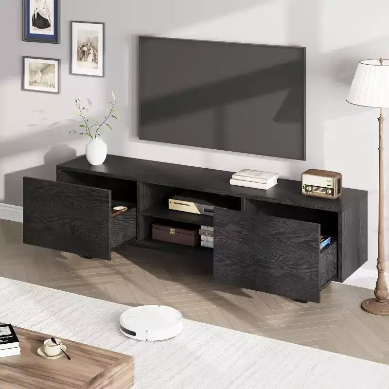 Meuble TV industriel pour 80 pouces, meuble de divertissement moderne avec 2 tiroirs, avec pieds robustes et rangement ouvert, pour salon