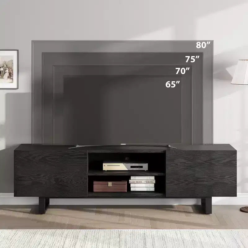 Meuble TV industriel pour 80 pouces, meuble de divertissement moderne avec 2 tiroirs, avec pieds robustes et rangement ouvert, pour salon