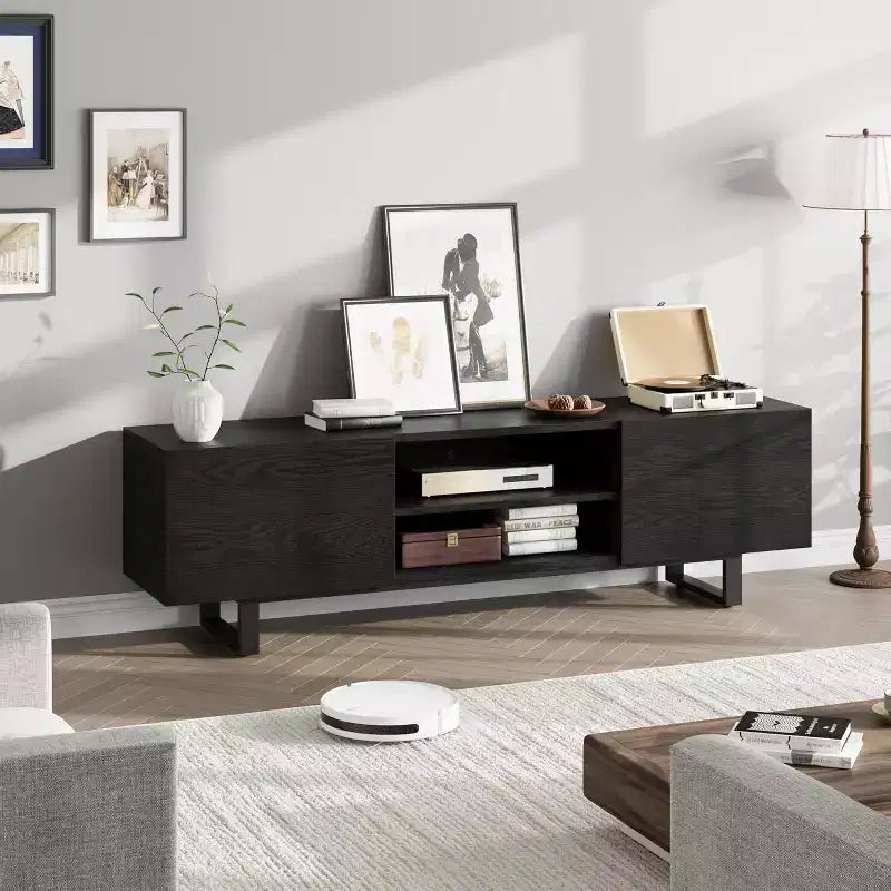 Meuble TV industriel pour 80 pouces, meuble de divertissement moderne avec 2 tiroirs, avec pieds robustes et rangement ouvert, pour salon