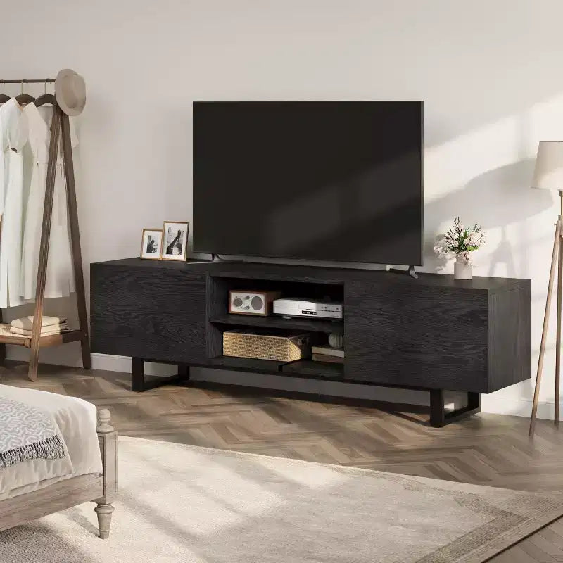 Meuble TV industriel pour 80 pouces, meuble de divertissement moderne avec 2 tiroirs, avec pieds robustes et rangement ouvert, pour salon