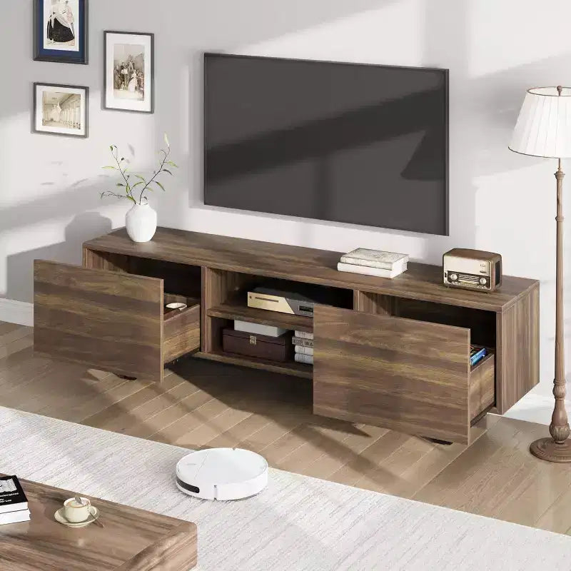 Meuble TV industriel pour 80 pouces, meuble de divertissement moderne avec 2 tiroirs, avec pieds robustes et rangement ouvert, pour salon