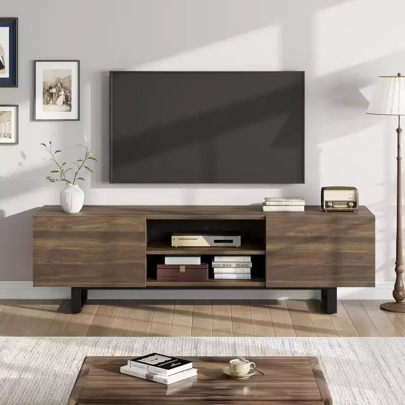 Meuble TV industriel pour 80 pouces, meuble de divertissement moderne avec 2 tiroirs, avec pieds robustes et rangement ouvert, pour salon