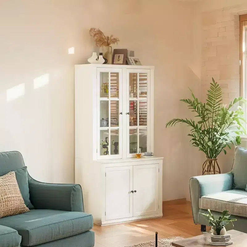 Merax Farmhouse-Inspired Freestanding Display Cabinet with Glass Doors & Storage