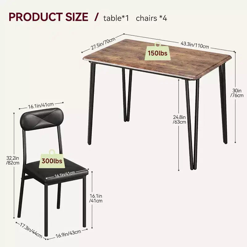 CuisinSmart - Table de salle à manger pour 4 personnes avec chaises rembourrées, petit ensemble table et chaises, ensemble de salle à manger pour 4 personnes, ensemble table à manger rectangulaire.