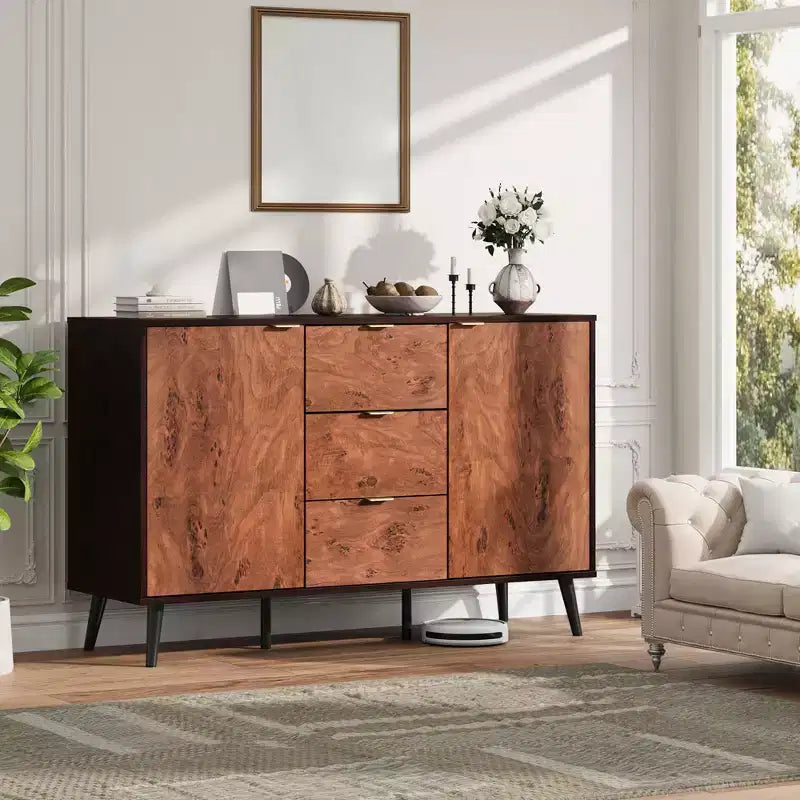 51.2 Buffet bahut, Meuble bar à café d'entrée avec 3 tiroirs, Console média en bois, Armoire de garde-manger de cuisine pour salon