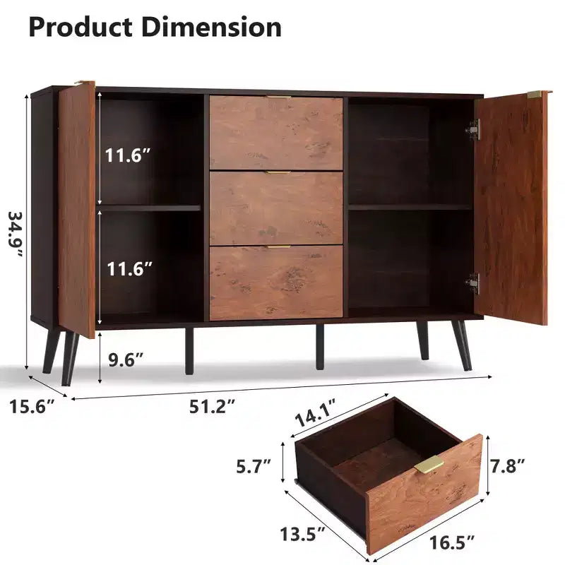 51.2 Buffet bahut, Meuble bar à café d'entrée avec 3 tiroirs, Console média en bois, Armoire de garde-manger de cuisine pour salon