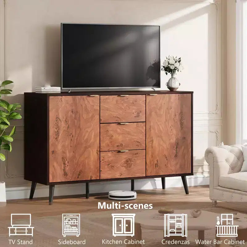 51.2 Buffet bahut, Meuble bar à café d'entrée avec 3 tiroirs, Console média en bois, Armoire de garde-manger de cuisine pour salon
