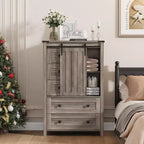 Commode de chambre à 5 tiroirs de style ferme, commode haute en bois de 122 cm avec porte coulissante de style grange, étagère réglable, organisateur de rangement