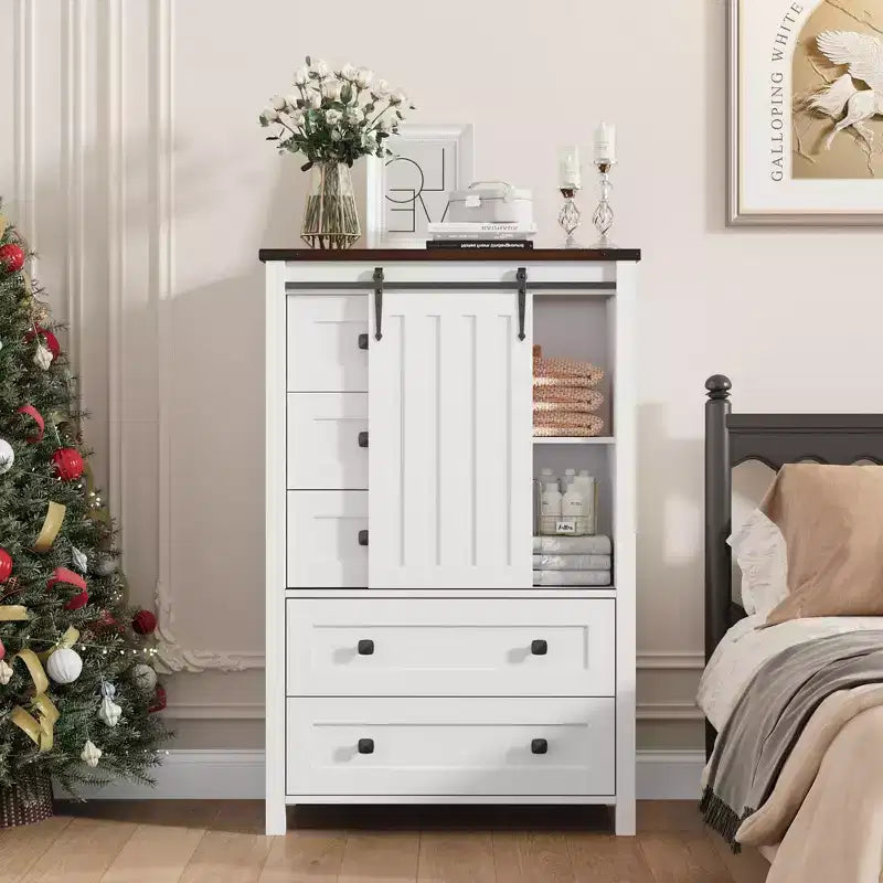 Commode de chambre à 5 tiroirs de style ferme, commode haute en bois de 122 cm avec porte coulissante de style grange, étagère réglable, organisateur de rangement