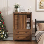 Commode de chambre à 5 tiroirs de style ferme, commode haute en bois de 122 cm avec porte coulissante de style grange, étagère réglable, organisateur de rangement