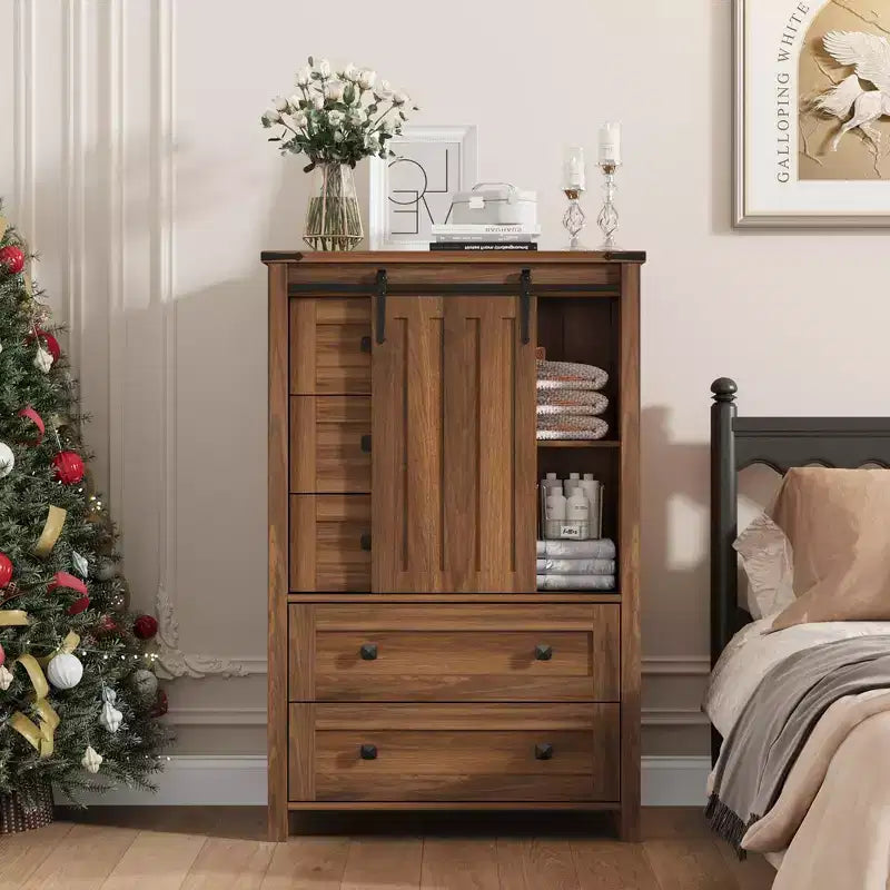 Commode de chambre à 5 tiroirs de style ferme, commode haute en bois de 122 cm avec porte coulissante de style grange, étagère réglable, organisateur de rangement
