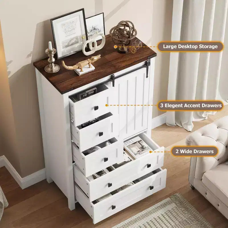 Commode de chambre à 5 tiroirs de style ferme, commode haute en bois de 122 cm avec porte coulissante de style grange, étagère réglable, organisateur de rangement