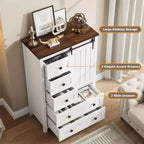 Commode de chambre à 5 tiroirs de style ferme, commode haute en bois de 122 cm avec porte coulissante de style grange, étagère réglable, organisateur de rangement