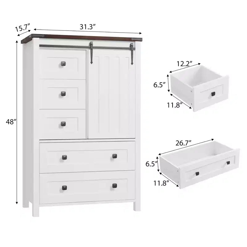 Commode de chambre à 5 tiroirs de style ferme, commode haute en bois de 122 cm avec porte coulissante de style grange, étagère réglable, organisateur de rangement