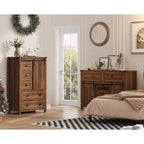 Commode de chambre à 5 tiroirs de style ferme, commode haute en bois de 122 cm avec porte coulissante de style grange, étagère réglable, organisateur de rangement
