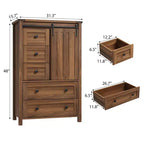 Commode de chambre à 5 tiroirs de style ferme, commode haute en bois de 122 cm avec porte coulissante de style grange, étagère réglable, organisateur de rangement