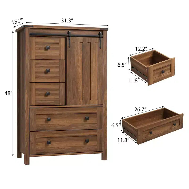 Commode de chambre à 5 tiroirs de style ferme, commode haute en bois de 122 cm avec porte coulissante de style grange, étagère réglable, organisateur de rangement