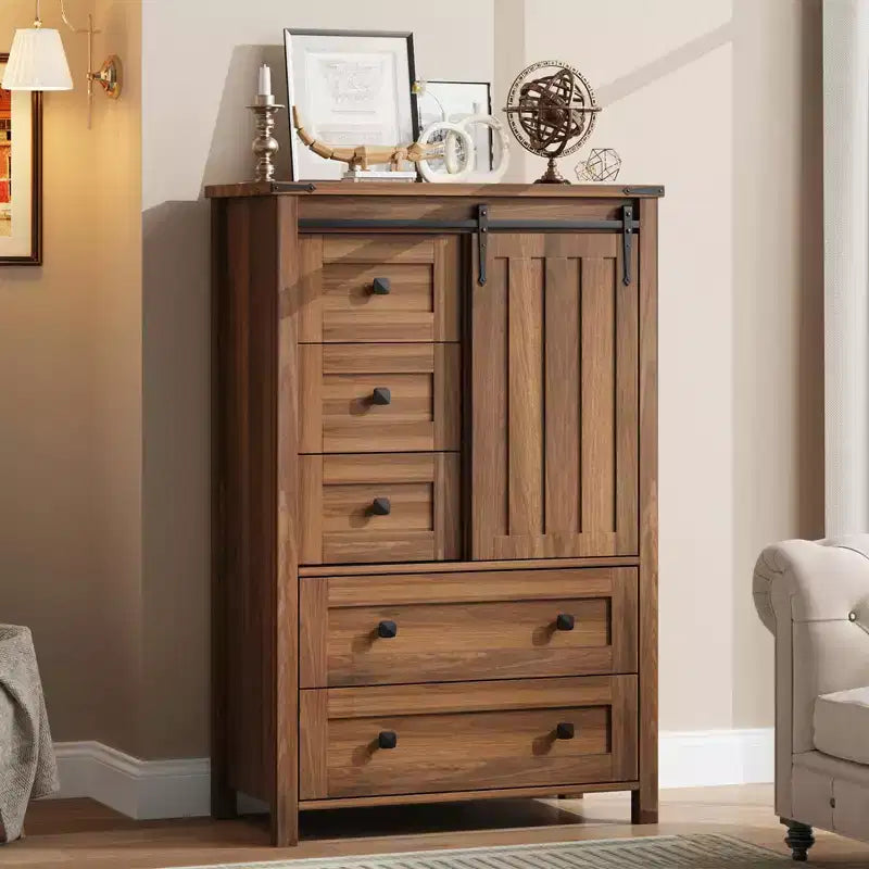 Commode de chambre à 5 tiroirs de style ferme, commode haute en bois de 122 cm avec porte coulissante de style grange, étagère réglable, organisateur de rangement