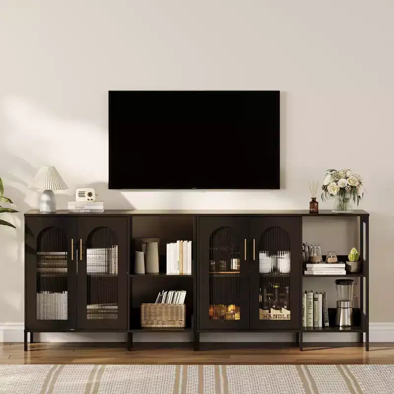 Bahut, Meuble de rangement en bois avec portes vitrées, Deux poignées métalliques, Meuble de rangement avec étagères réglables, Bahut moderne