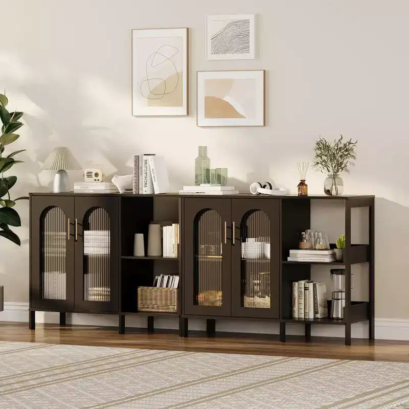 Bahut, Meuble de rangement en bois avec portes vitrées, Deux poignées métalliques, Meuble de rangement avec étagères réglables, Bahut moderne