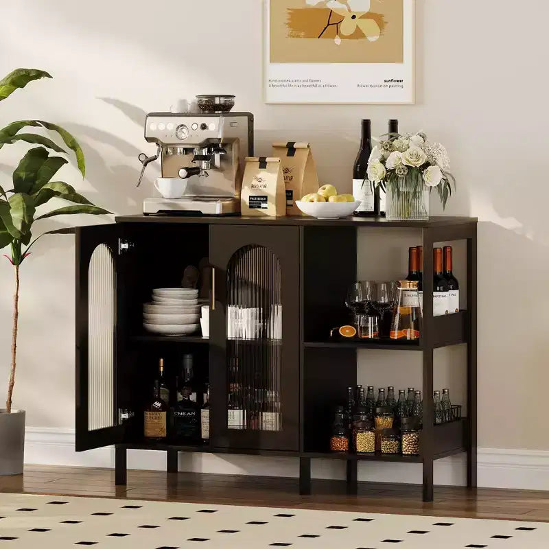 Bahut, Meuble de rangement en bois avec portes vitrées, Deux poignées métalliques, Meuble de rangement avec étagères réglables, Bahut moderne